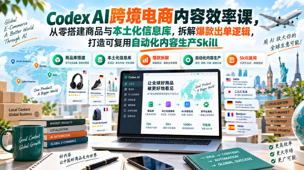 Codex AI跨境电商内容效率课，从零搭建商品与本土化信息库，拆解爆款出单逻辑，打造可复用自动化内容生产Skill-大象聊项目