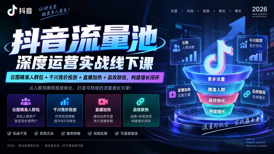 抖音流量池深度运营实战线下课｜云图精准人群包+千川竞价投放+直播加热+品效联投，构建增长闭环-大象聊项目