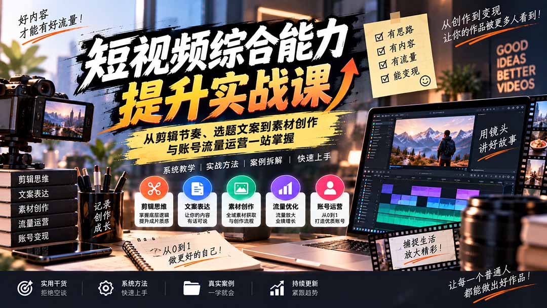 短视频综合能力提升实战课：从剪辑节奏、选题文案到素材创作与账号流量运营一站掌握-大象聊项目