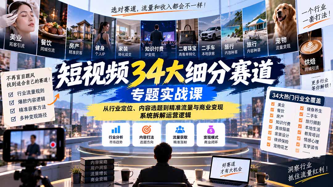 短视频34大细分赛道专题实战课：从行业定位、内容选题到精准流量与商业变现，系统拆解运营逻辑-大象聊项目
