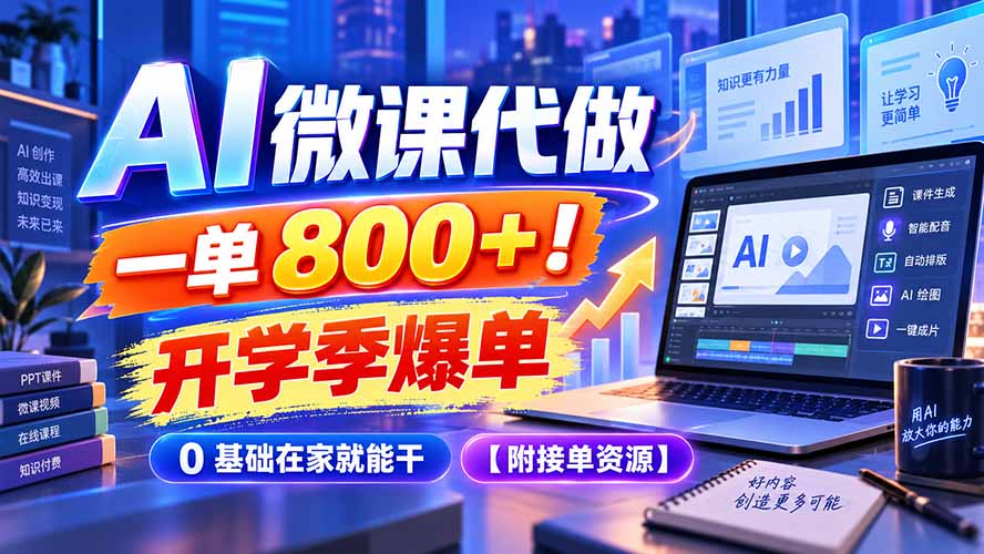 AI 微课代做，一单 800+！开学季爆单，0 基础在家就能干【附接单资源】-大象聊项目