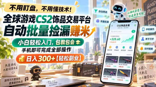 全球游戏CS2饰品交易平台自动批量捡漏賺米，小白轻松入门，包教包会，手机即可完成全部操作，日入300+【揭秘】-大象聊项目
