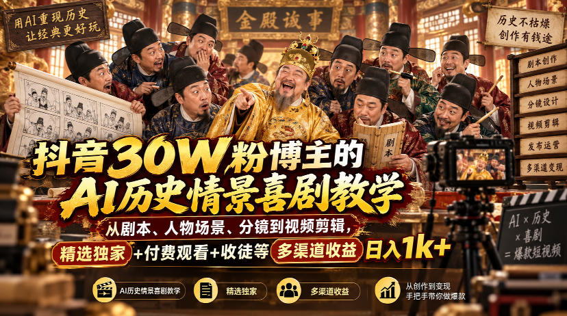 抖音30W粉博主的AI历史情景喜剧教学，从剧本、人物场景、分镜到视频剪辑，精选独家+付费观看+收徒等多渠道收益日入1k+-大象聊项目