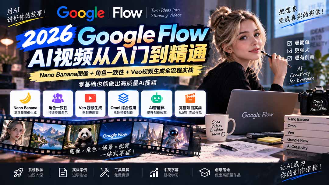 【无水印】Google Flow AI视频从入门到精通：Nano Banana图像+角色一致性+Veo视频生成全流程实战-精翻中英字幕-大象聊项目