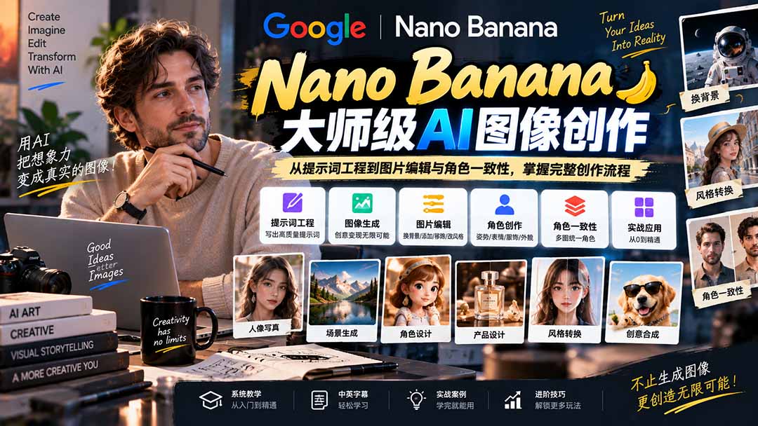 【无水印】Nano Banana大师级AI图像实战课：从提示词工程到图片编辑与角色一致性，掌握完整创作流程-大象聊项目