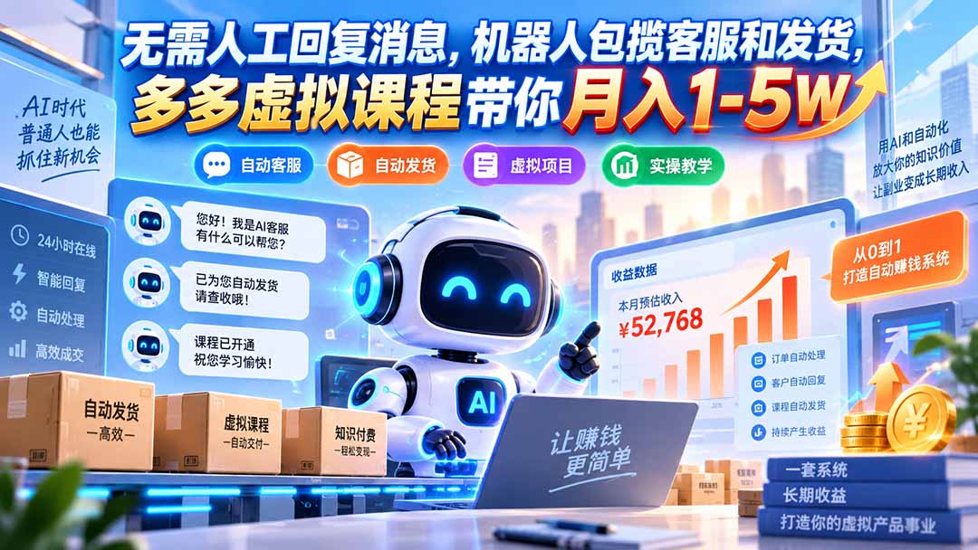 无需人工回复消息，机器人包揽客服和发货，多多虚拟课程带你月入1-5W-大象聊项目