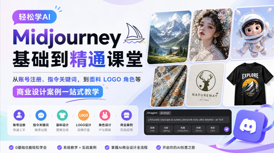 轻松学AI Midjourney基础到精通课堂，从账号注册、指令关键词，到面料LOGO角色等商业设计案例一站式教学-大象聊项目