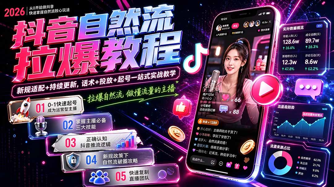 抖音自然流拉爆教程-更新1002：做懂流量的主播，新规适配+持续更新，话术+投放+起号一站式实战教学-大象聊项目