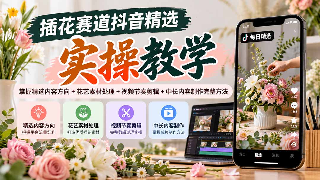插花赛道抖音精选实操教学：掌握精选内容方向+花艺素材处理+视频节奏剪辑+中长内容制作完整方法-大象聊项目