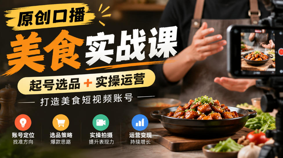 原创口播美食实战课，起号选品+实操运营，打造美食短视频账号-大象聊项目