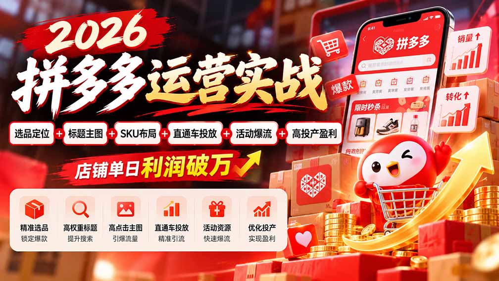 2026拼多多运营实战-更新1002：选品定位+标题主图+SKU布局+直通车投放+活动爆流+高投产盈利 店铺单日利润破万-大象聊项目