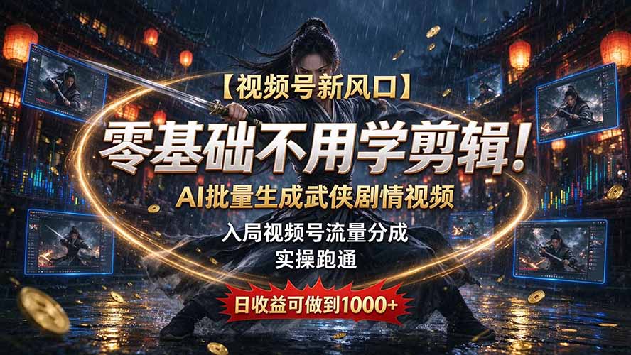 【视频号新风口】零基础不用学剪辑！AI 批量生成武侠剧情视频，入局视频号流量分成，实操跑通，日收益可做到 1000+-大象聊项目
