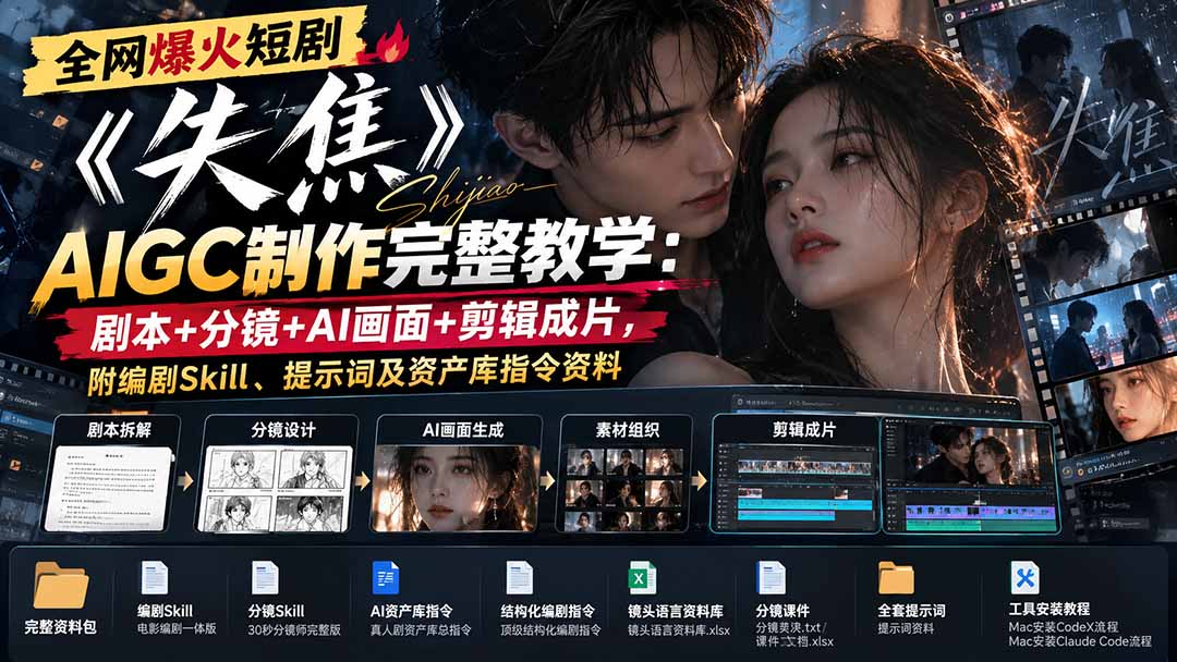 全网爆火短剧《失焦》AIGC制作完整教学：剧本+分镜+AI画面+剪辑成片，附编剧Skill、提示词及资产库指令资料-大象聊项目