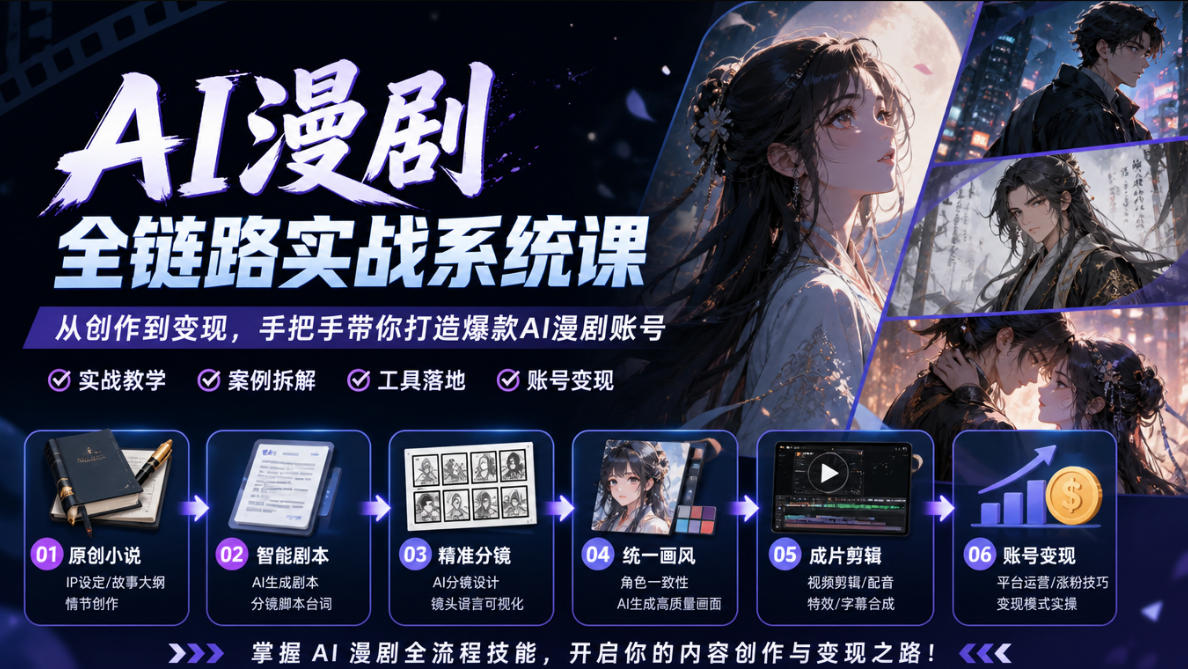 AI漫剧全链路实战系统课｜原创小说、智能剧本、精准分镜、统一画风、成片剪辑、账号变现实操教学-大象聊项目