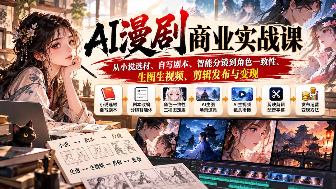 AI漫剧商业实战课：从小说选材、自写剧本、智能分镜到角色一致性、生图生视频、剪辑发布与变现-大象聊项目