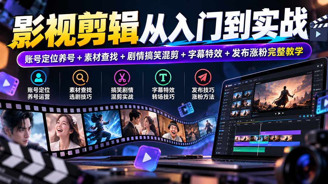 影视剪辑从入门到实战：账号定位养号+素材查找+剧情搞笑混剪+字幕特效+发布涨粉完整教学-大象聊项目