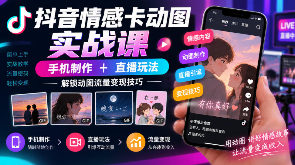 抖音情感卡动图实战课｜手机制作+直播玩法，解锁动图流量变现技巧-大象聊项目
