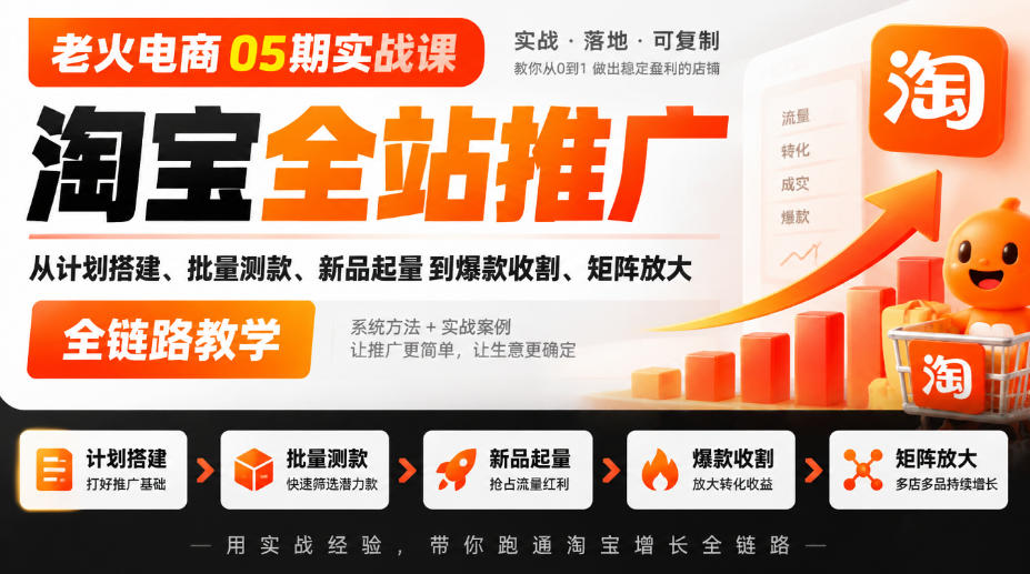 老火电商05期实战课｜淘宝全站推广从计划搭建、批量测款、新品起量到爆款收割、矩阵放大全链路教学-大象聊项目