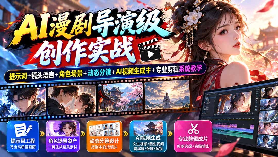 AI漫剧导演级创作实战：提示词+镜头语言+角色场景+动态分镜+AI视频生成+专业剪辑系统教学-大象聊项目