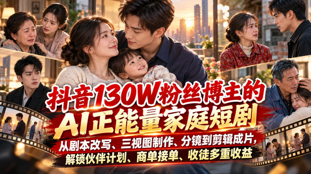 抖音130W粉丝博主的AI正能量家庭短剧，从剧本改写、三视图制作、分镜到剪辑成片，解锁伙伴计划、商单接单、收徒多重收益(更新1007)-大象聊项目