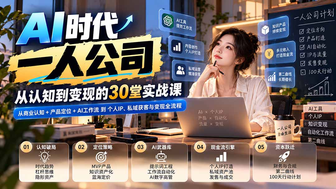 【无水印】AI时代一人公司30堂实战课：从商业认知+产品定位+AI工作流到个人IP、私域获客与变现全流程-大象聊项目