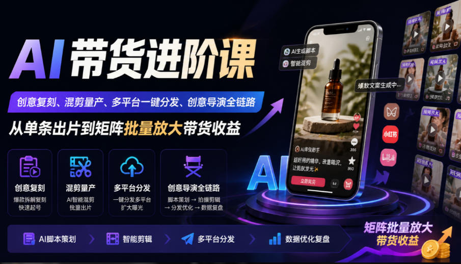 AI带货进阶课｜创意复刻、混剪量产、多平台一键分发、创意导演全链路，从单条出片到矩阵批量放大带货收益-大象聊项目