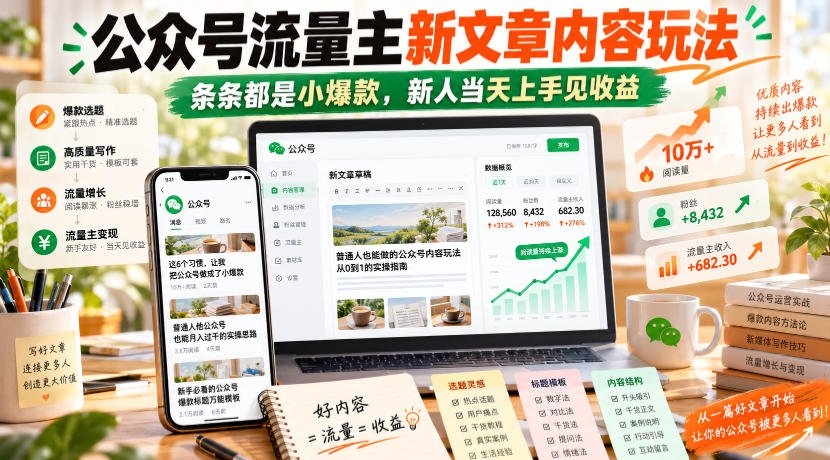 公众号流量主新文章内容玩法，条条都是小爆款，新人当天上手见收益-大象聊项目