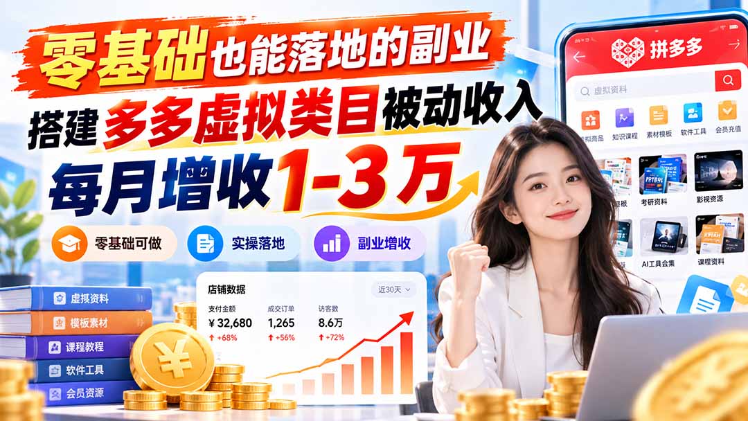 零基础也能落地的副业，搭建多多虚拟类目被动收入，每月增收 1-3 万-大象聊项目