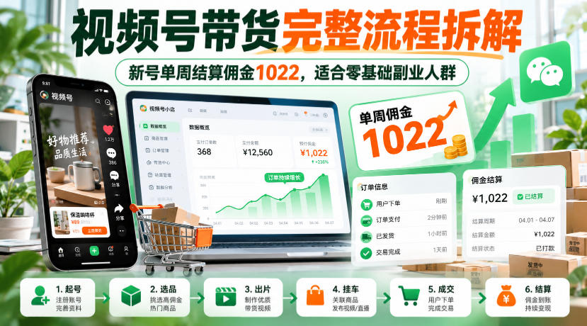 视频号带货完整流程拆解，新号单周结算佣金1022，适合零基础副业人群-大象聊项目