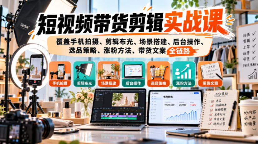 短视频带货剪辑实战课，覆盖手机拍摄、剪辑布光、场景搭建、后台操作、选品策略、涨粉方法、带货文案全链路-大象聊项目