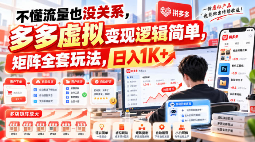 不懂流量也没关系，多多虚拟变现逻辑简单，矩阵全套玩法，日入1K+【揭秘】-大象聊项目