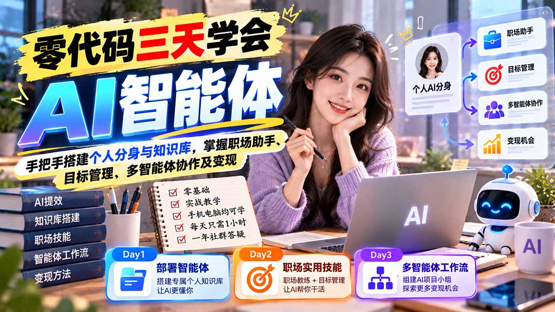 【无水印】零代码三天学会AI智能体：手把手搭建个人分身与知识库，掌握职场助手、目标管理、多智能体协作及变现-大象聊项目