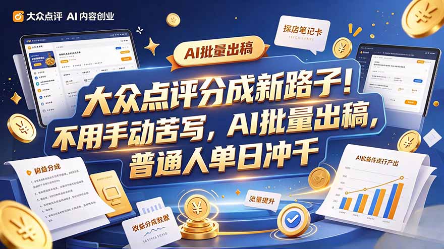 大众点评副业新玩法，工具提效解放双手，批量做笔记，单日可破千-大象聊项目