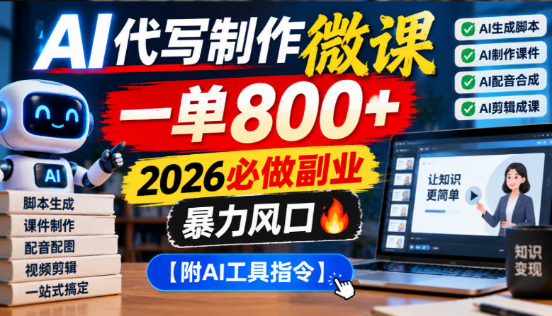 AI代写制作微课，一单800+，2026必做副业，暴力风口【附AI工具指令】【揭秘】-大象聊项目