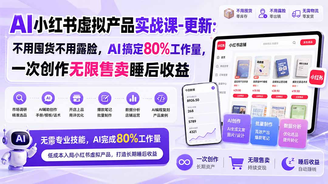 AI小红书虚拟产品实战课-更新1017：不用囤货不用露脸，AI搞定80%工作量，一次创作无限售卖睡后收益-大象聊项目