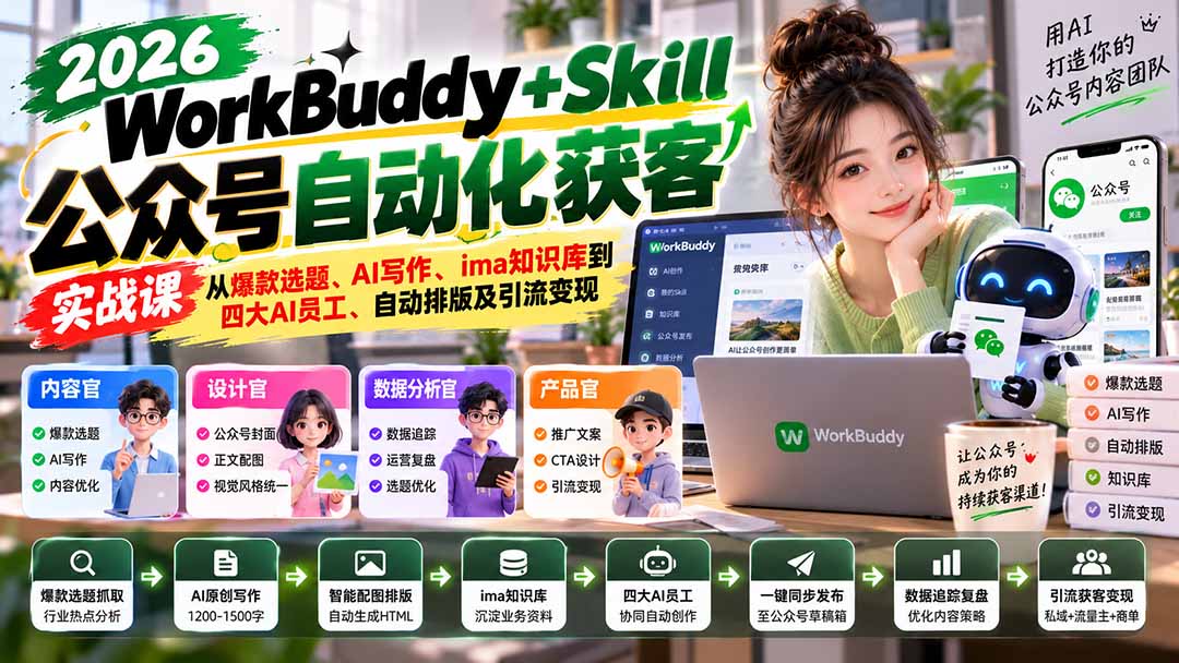 WorkBuddy + Skill公众号自动化获客实战课：从爆款选题、AI写作、ima知识库到四大AI员工、自动排版及引流变现-大象聊项目