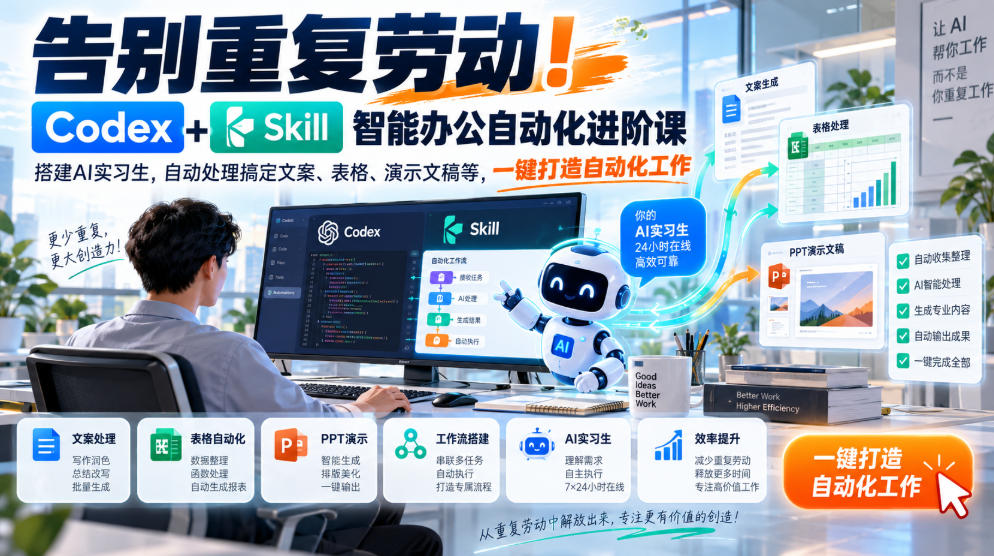 告别重复劳动！Codex+Skill智能办公自动化进阶课｜搭建AI实习生，自动处理搞定文案、表格、演示文稿等，一键打造自动化工作-大象聊项目