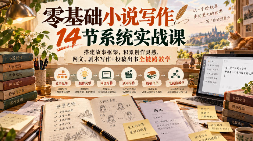 零基础小说写作14节系统实战课，搭建故事框架，积累创作灵感，网文、剧本写作+投稿出书全链路教学-大象聊项目