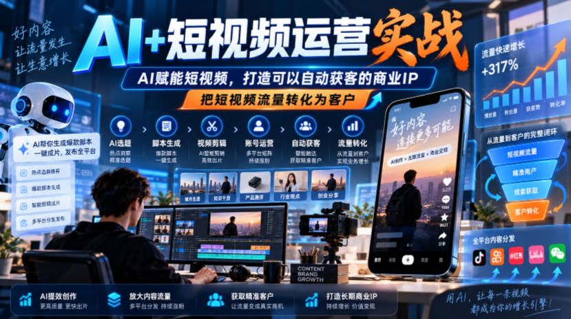 AI+短视频运营实战，AI赋能短视频，打造可以自动获客的商业IP，把短视频流量转化为客户-大象聊项目