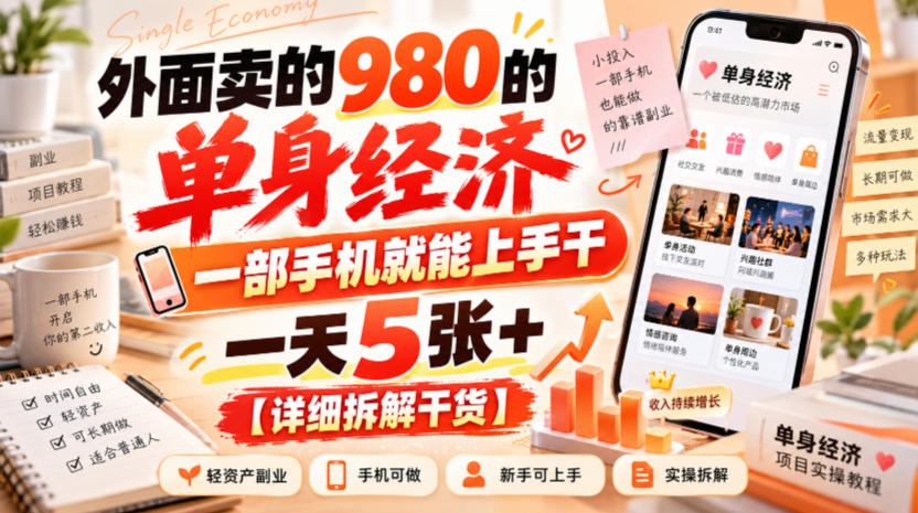 外面卖的980的单身经济，一部手机就能上手干，一天5张+【详细拆解干货】-大象聊项目