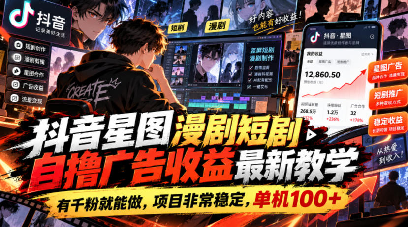 抖音星图漫剧短剧自撸广告收益最新教学，有千粉就能做，项目非常稳定，单机100+-大象聊项目
