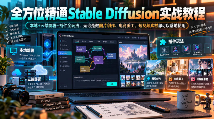 全方位精通Stable Diffusion实战教程｜本地+云端部署+插件全玩法，无论是做图片创作、电商美工、短视频素材都可以落地使用-大象聊项目
