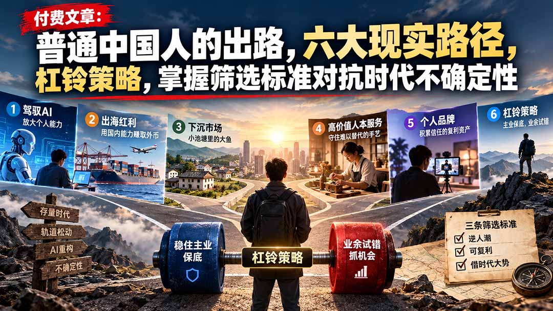付费文章：普通中国人的出路，六大现实路径，杠铃策略，掌握筛选标准对抗时代不确定性-大象聊项目