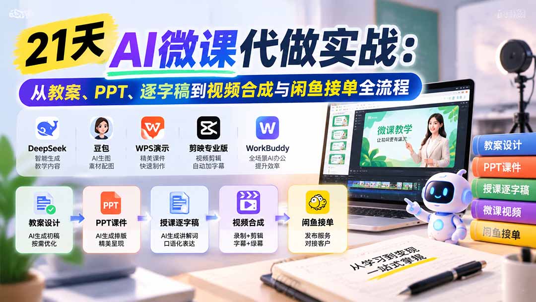 21天AI微课代做实战：从教案、PPT、逐字稿到视频合成与闲鱼接单全流程-大象聊项目