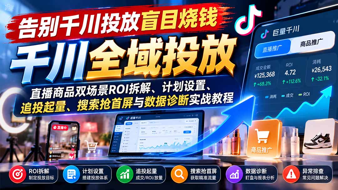 告别千川投放盲目烧钱：直播商品双场景ROI拆解、计划设置、追投起量、搜索抢首屏与数据诊断实战教程-大象聊项目