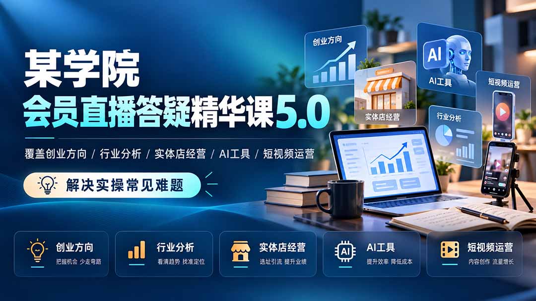 某学院会员直播答疑精华课5.0：覆盖创业方向、行业分析、实体店经营、AI工具和短视频运营，解决实操常见难题！-大象聊项目