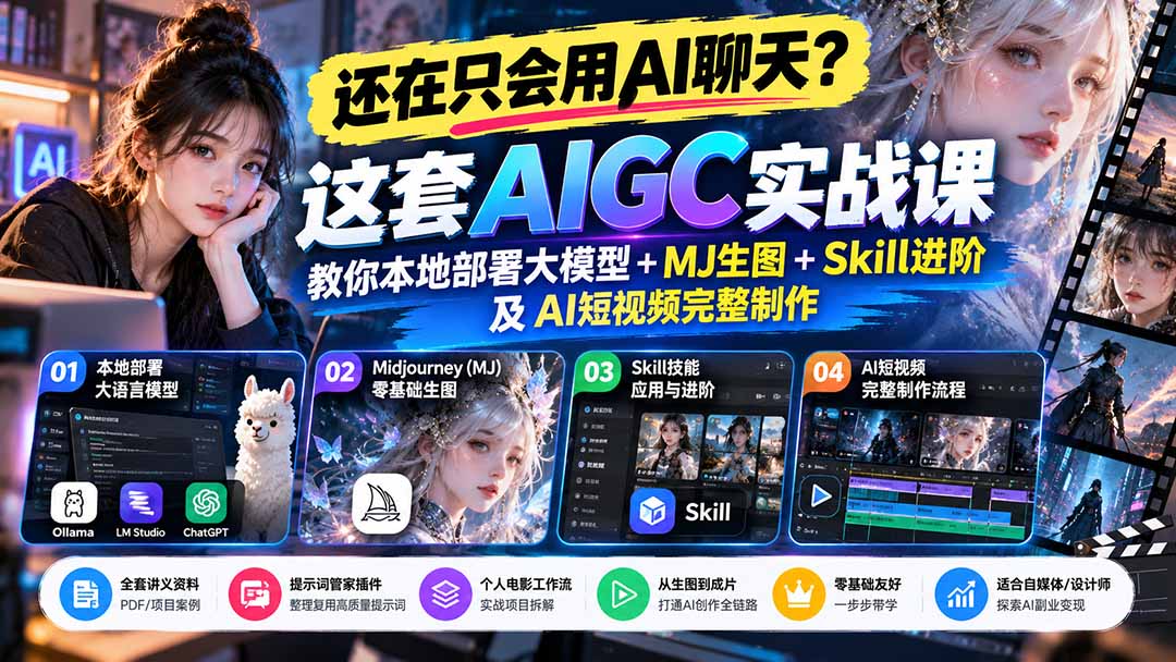 【无水印】还在只会用AI聊天？这套AIGC实战课教你本地部署大模型+MJ生图+Skill进阶及AI短视频完整制作-大象聊项目