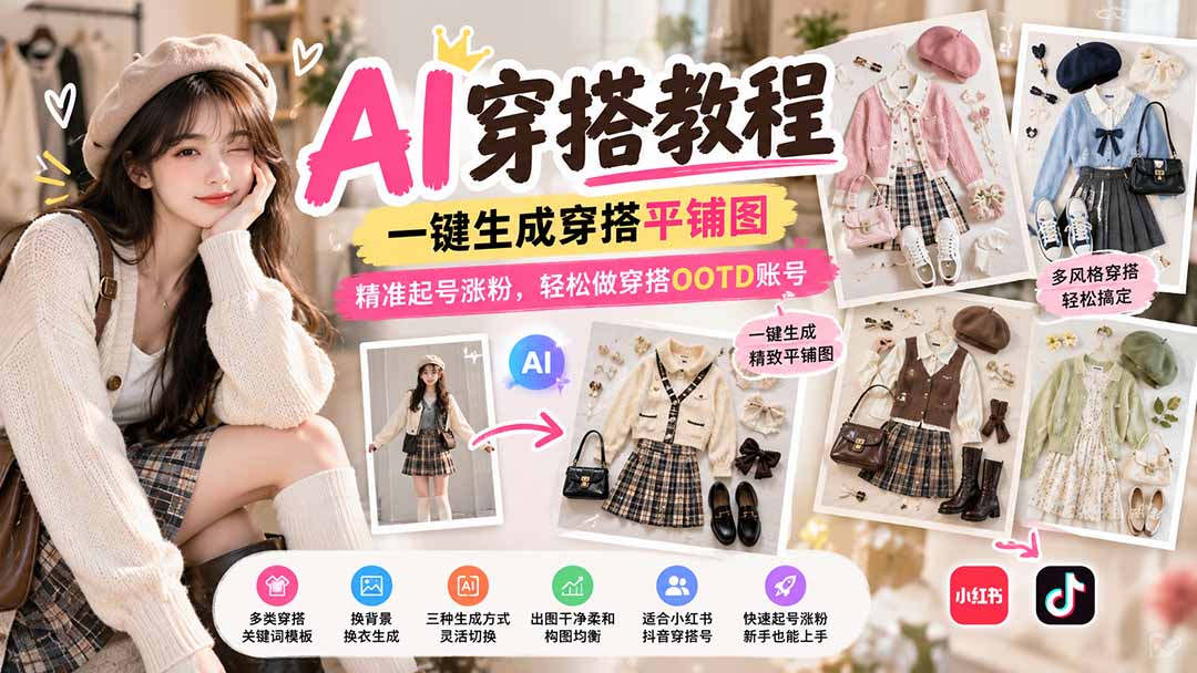 【无水印】AI穿搭教程｜一键生成穿搭平铺图，精准起号涨粉，轻松做穿搭OOTD账号-大象聊项目