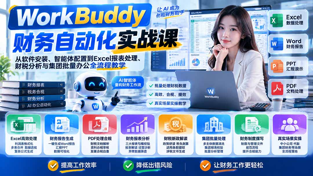 WorkBuddy财务自动化实战课：从软件安装、智能体配置到Excel报表处理、财税分析与集团批量办公全流程教学-大象聊项目