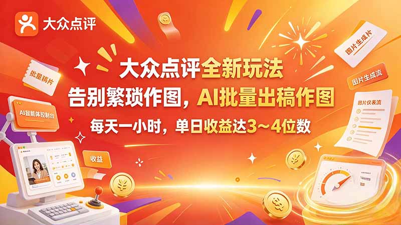 大众点评全新玩法，不用繁琐作图，AI 批量出稿作图，每天一小时，单日收益达 3～4 位数-大象聊项目
